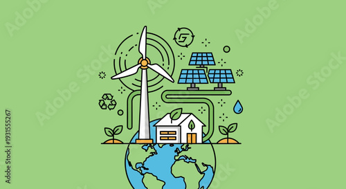 Vector illustration of eco-friendly house with wind turbine and solar panels