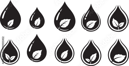 Black and white water drop icons with leaf illustrations