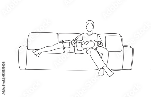 Continuous one line drawing of woman lying on boyfriend's lap watching movie together, romantic couple concept, single line art.
