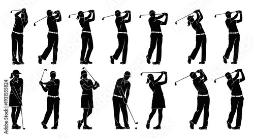 male and female golf players in action swinging clubs and putting illustrating various golf poses and the sport of golf.