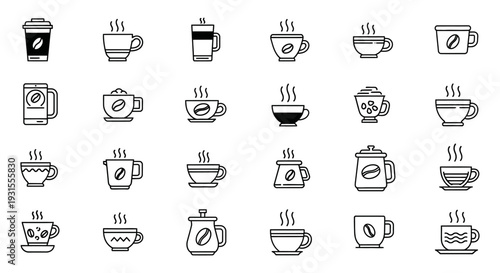a collection of various coffee cup icons and hot beverage mugs in minimalist black line art style perfect for cafes menus and drink apps.