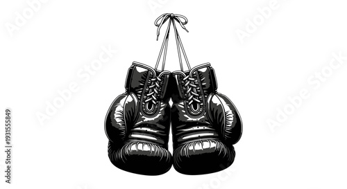 pair of black boxing gloves hanging by their laces against a white background symbolizing combat and strength perfect for sports and fitness design.