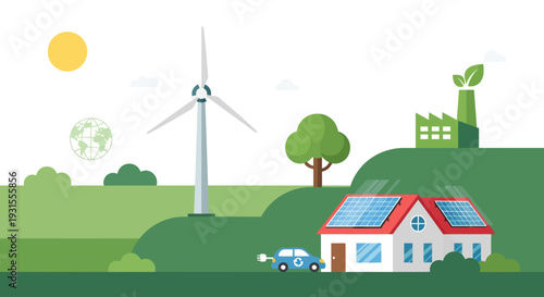 Vector illustration of eco-friendly house with solar panels and wind turbine