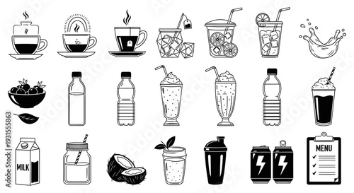 outline beverage icon set featuring a wide variety of hot and cold drinks ideal for menus and refreshment