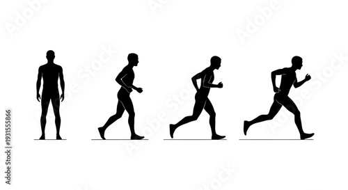 male running progression illustrated by black silhouettes showing movement from standing to full stride on white useful for fitness concepts.