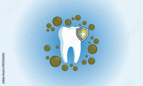 White Tooth with Protective Shield and Bacteria Concept Illustration