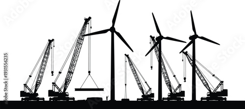 Wind turbine installation with construction cranes silhouettes isolated on white background renewable energy industry vector illustration set for sustainable power design