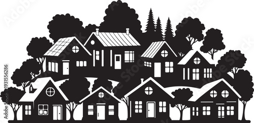 Black and white illustration of a suburban neighborhood scene