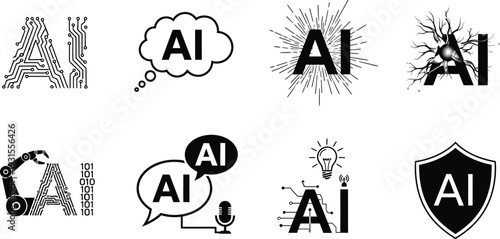 Collection of eight distinct black and white vector graphic icons representing various concepts related to artificial intelligence technology systems and innovation