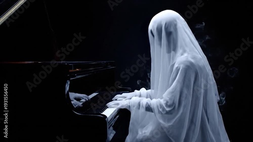 A sheet-covered figure, likely a ghost, plays a piano in a dark, moody environment