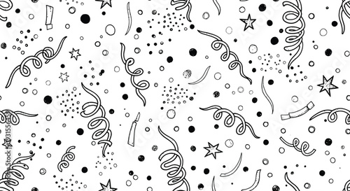 Seamless monochrome party celebration elements vector graphic illustration featuring hand-drawn confetti, swirling streamers, and decorative stars in a fun, repeating artistic design.