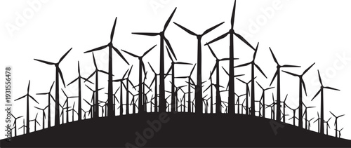 Silhouette of wind turbines on a hill against white background
