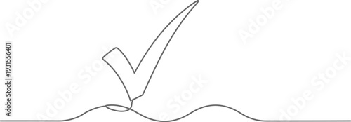Continuous line drawing of a bold checkmark illustration symbolizing completion approval or agreement on a clean white background vector graphic design