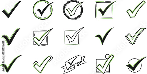 Collection of various  check mark vector graphic icons illustrating approval confirmation and selection choices