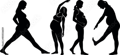 Four pregnant woman exercise silhouettes in various poses showcasing body movement and flexibility
