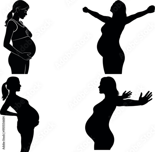 Pregnant woman exercise silhouettes in various poses illustrating gestation and expression