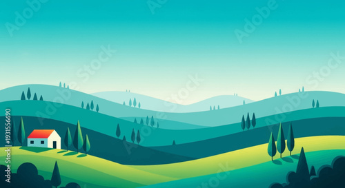 Minimalist Tuscan Countryside Landscape with House and Cypress Trees. Stylized Rolling Green Hills and Blue Sky. Flat Design.
