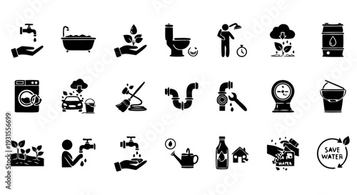 Black Silhouette 20 Water Saving Icon Set Vector – Conservation and Eco Symbols