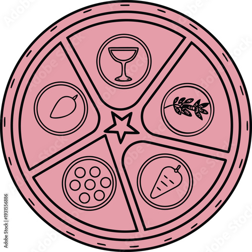 Passover Seder Plate Line Art Illustration Pink Background Jewish Holiday Pesach Traditional Symbolic Food Icons Vector Design