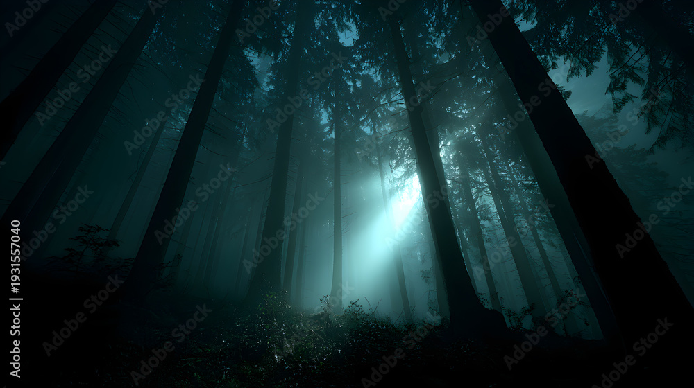 Obraz premium Ethereal moonbeams piercing through a dense, dark coniferous forest at night