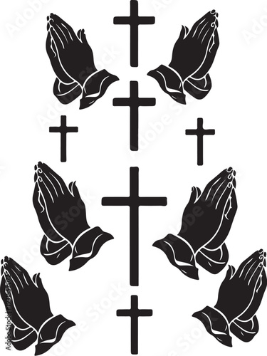 Praying hands and crosses in a spiritual symbol design