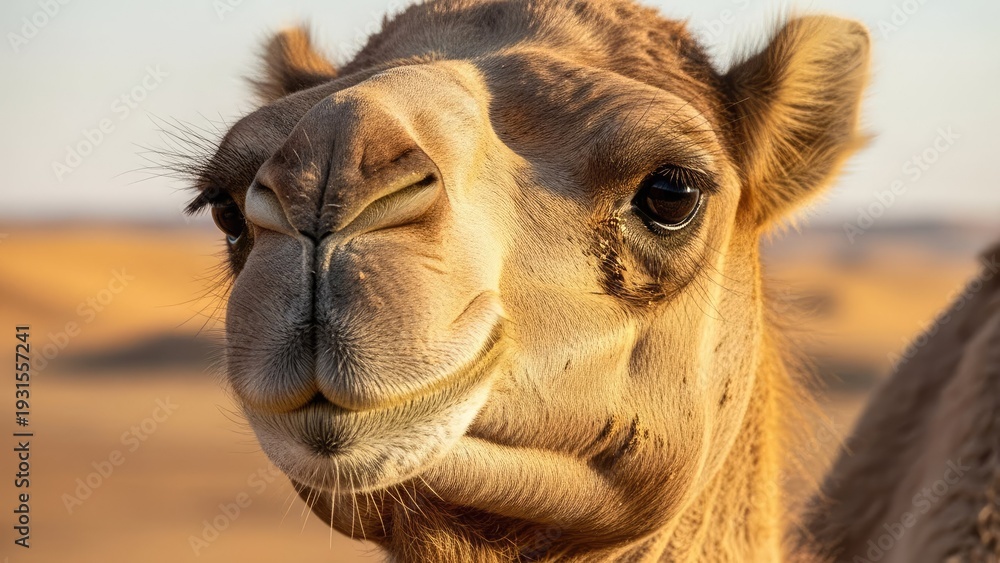 Fototapeta premium Close up portrait of a camel in desert environment with warm sunlight
