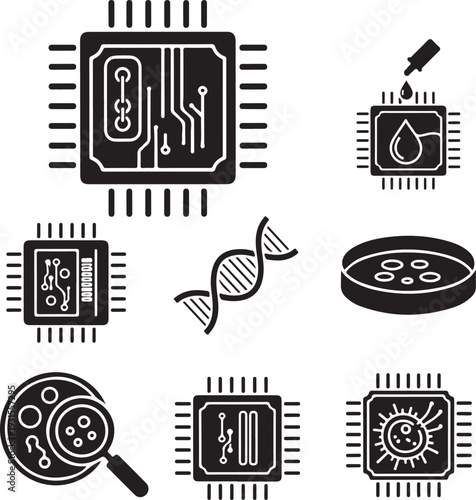 Biotechnology and microchip icons representing genetic engineering and scientific research concepts digitally
