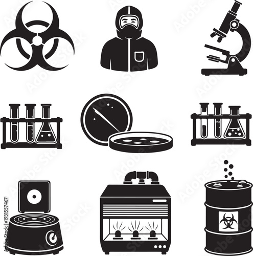Laboratory equipment and hazardous materials icons set for scientific research and experimentation purposes