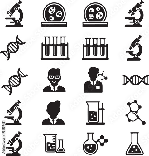 Laboratory equipment and scientists icons collection for scientific research and experimentation purposes
