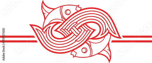 Intertwined fish illustration in red line art, circular yin‑yang inspired design with Celtic knot style, symbolizing unity, duality, balance, and motion for creative projects.