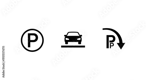 various graphic parking icons including p sign car parking and automatic driver assist symbol for automotive technology.