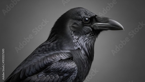 Close up portrait of a dark raven against a neutral gray background