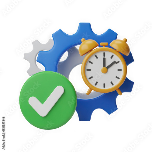 3D alarm clock success checkmark gears time management