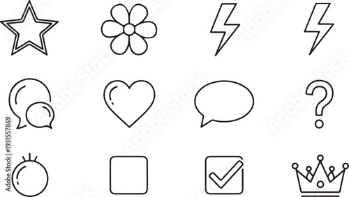 A collection of simple and recognizable icons representing various objects and concepts. isolated on transparent background, Vector