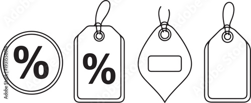 Four different types of price tags and discount symbols used in retail and marketing isolated on transparent background, Vector