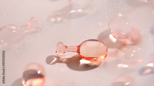 Skin care capsules for young skin, face serum, collagen. Revitalising professional cosmetics. Face care product, hair oil spink liquid-filled capsules on beige pastel background. Beauty treatment. 