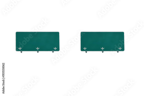 Two Blank Green Highway Road Signs with Lane Arrows Isolated on Transparent Background