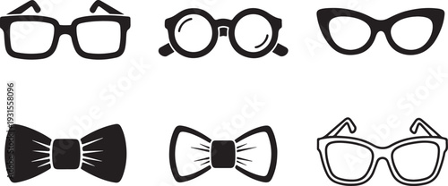 Assorted black and white icons of glasses and bow ties isolated on transparent background, Vector
