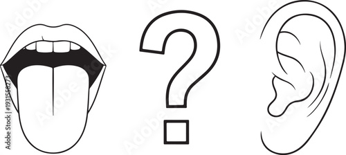 Illustration of a tongue, question mark, and ear representing communication and inquiry isolated on transparent background, Vector