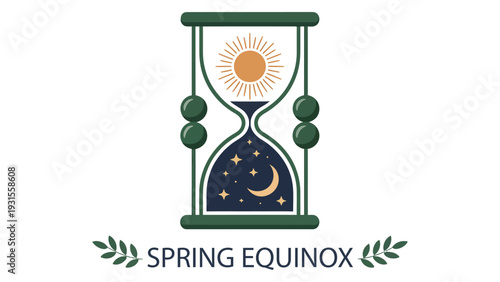 Spring Equinox Concept Illustration with Decorative Hourglass, Sun and Moon Symbolism – Seasonal Balance, Nature Renewal and Astronomical Event Design 