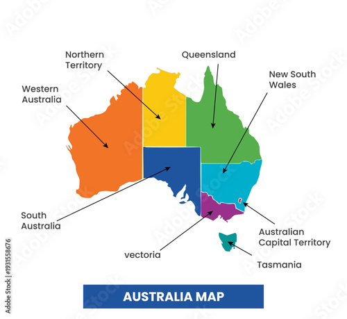 Australia political map vector with states, territories, and region labels