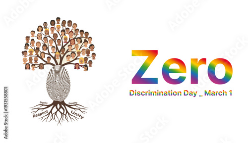 Zero Discrimination Day Banner with Fingerprint Unity Tree