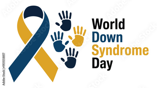 World Down Syndrome Day Awareness Ribbon and Colorful Handprints Design – Blue and Yellow Support Symbol for Inclusion, Advocacy and Global Health Awareness Campaign 