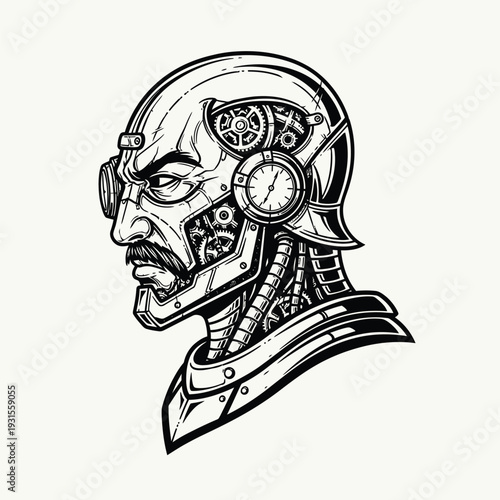 Steampunk Cyborg Profile Head Illustration with Gears, Goggles, and Mustache