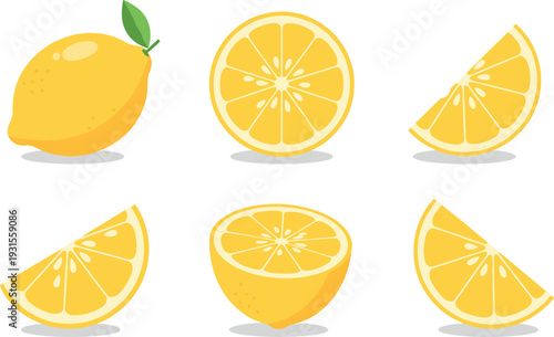 Lemon Fruit and Citrus Slice Icon Set Fresh Yellow Food Vector Illustration