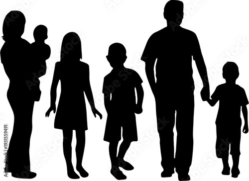 Large Family Silhouette Walking Together with Parents and Children Isolated on White