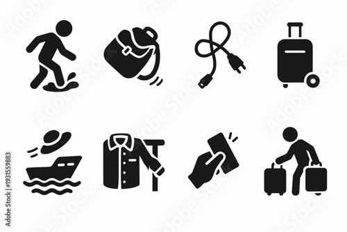 Whimsical Travel Icons. Whimsical travel mistakes. Filled icon set of whimsical travel mistakes: stepping in