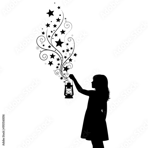 A silhouette of a girl holding a lantern with stars and swirls