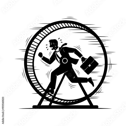A stressed businessman runs on a wheel in a frantic office setting