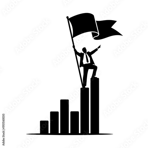 A triumphant businessman stands on top of a bar graph holding a flag